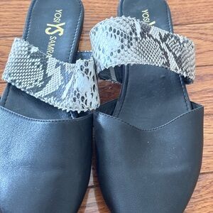 Yosi Samra Black and Snake Print Mules